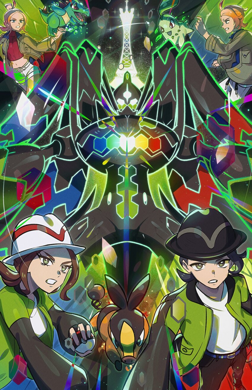 2boys 2girls absurdres black_hair black_hat brown_hair chikorita gen_2_pokemon gen_5_pokemon gen_6_pokemon green_jacket harmony_(pokemon) hat highres holding holding_poke_ball jacket legendary_pokemon lumiose_city multiple_boys multiple_girls nintendo paxton_(pokemon) pig poke_ball poke_ball_(basic) pokemon pokemon_(creature) pokemon_legends:_z-a ryairyai shirt short_shorts shorts taunie_(pokemon) tepig totodile urbain_(pokemon) white_hat white_shirt white_shorts zygarde zygarde_(complete)