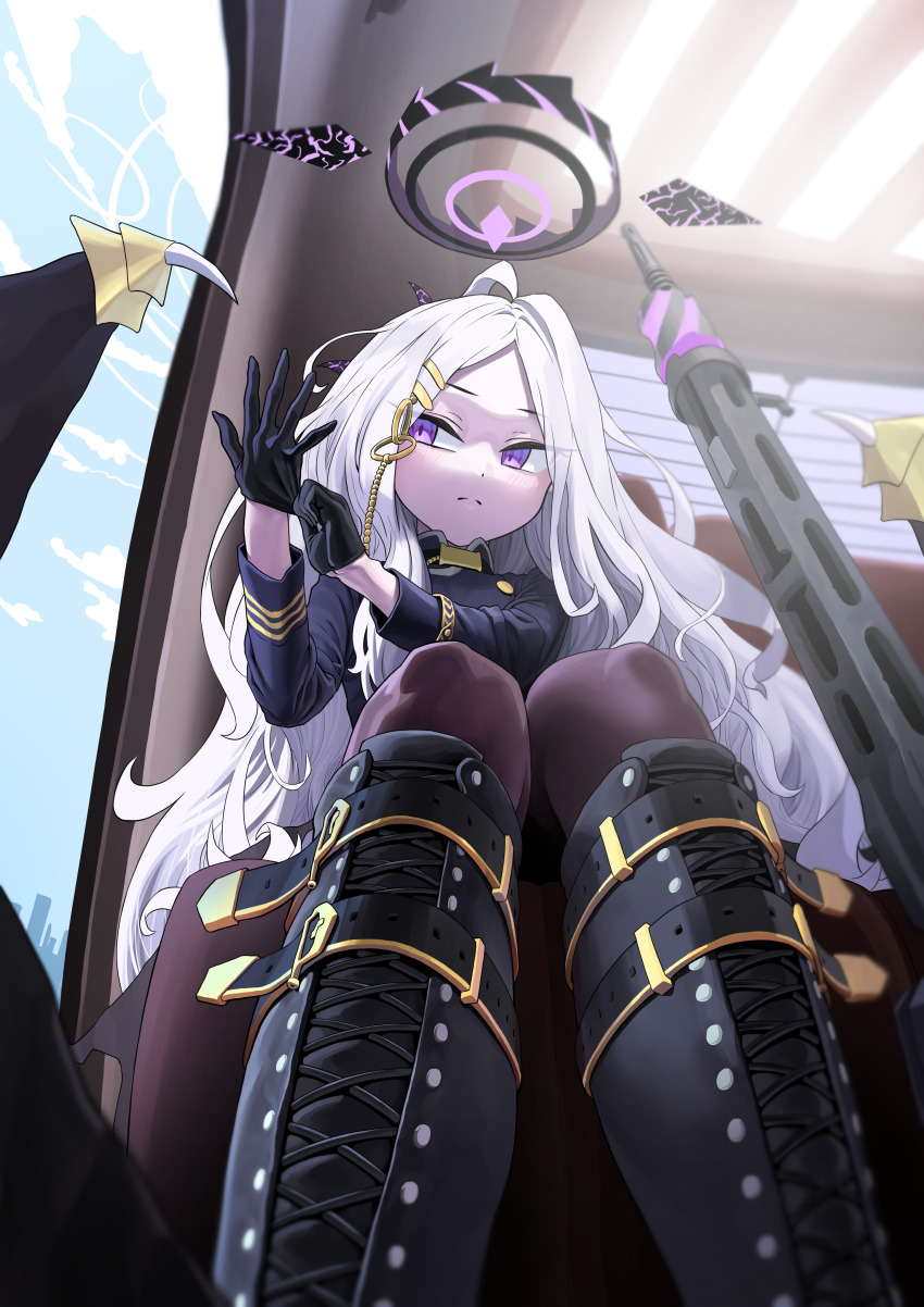 1girl absurdres adjusting_clothes adjusting_gloves ahoge belt_boots black_thighhighs blue_archive blue_sky boots cloud cloudy_sky commentary_request demon_girl demon_horns demon_wings forehead from_below gloves gun hair_ornament hairclip halo highres hina_(blue_archive) horns knee_boots lace-up_boots long_hair long_sleeves looking_afar machine_gun mg42 military_uniform okokorika on_bench parted_bangs purple_eyes sidelocks sitting sky solo thighhighs train_interior wall_lamp wavy_hair weapon white_hair window wings
