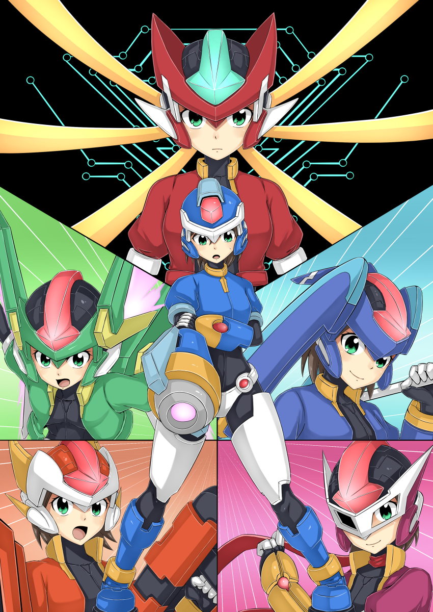 1girl absurdres abyss_arts aile_(mega_man_zx) arm_cannon armor black_bodysuit blonde_hair blue_helmet blue_jacket bodysuit bodysuit_under_clothes breasts brown_hair cropped_jacket eye_mask fins forehead_jewel full_body glowing glowing_jewelry green_eyes green_helmet green_jacket head_fins helmet highres holding holding_cannon holding_polearm holding_weapon jacket kuji-in long_hair medium_breasts mega_man_(series) mega_man_zx model_fx_(mega_man) model_hx_(mega_man) model_lx_(mega_man) model_px_(mega_man) model_x_(mega_man) model_zx_(mega_man) multiple_views one_eye_covered open_clothes open_jacket orange_helmet orange_jacket over_shoulder polearm power_armor purple_helmet purple_jacket red_helmet red_jacket shaded_face short_hair upper_body weapon weapon_over_shoulder white_helmet