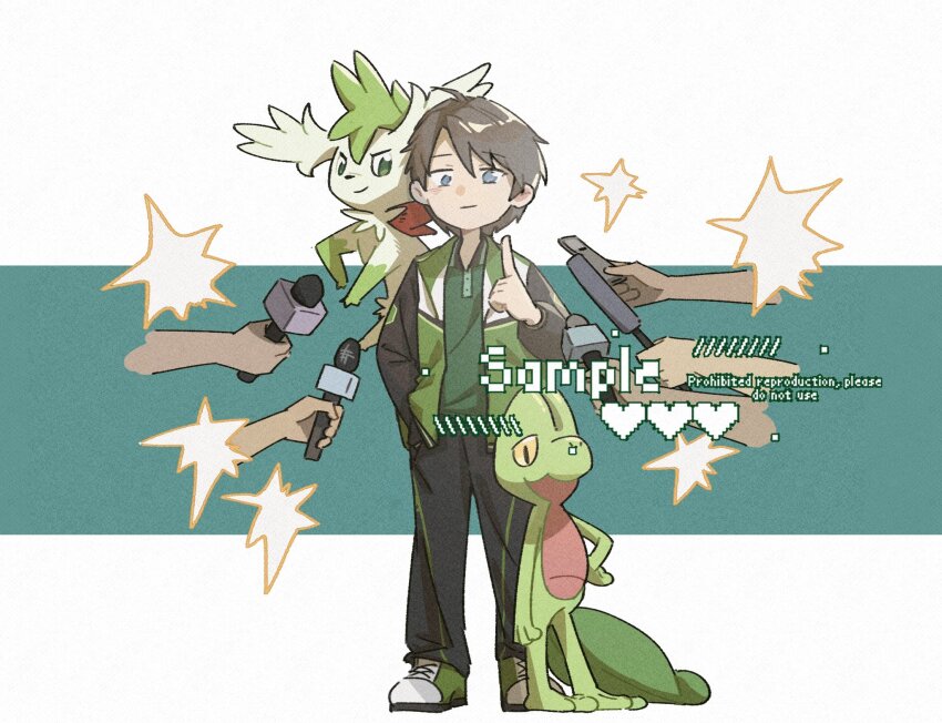 1boy black_pants black_sleeves blue_eyes brown_hair creatures_(company) full_body game_freak gen_3_pokemon gen_4_pokemon green_fur green_jacket green_shoes green_skirt hand_on_own_hip highres holding holding_microphone jacket legendary_pokemon looking_at_viewer male_focus microphone mythical_pokemon nintendo pants pointing pokemon pokemon_(creature) red_ribbon ribbon robinlovesop sample_watermark shaymin shaymin_(sky) shoes simple_background skirt standing treecko watermark white_background white_fur yellow_eyes
