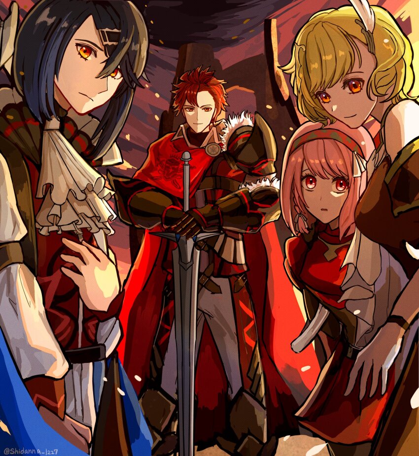 2boys 2girls alcryst_(fire_emblem) armor ascot asymmetrical_armor asymmetrical_hair bare_shoulders blonde_hair blue_hair body_armor braid breastplate breasts brothers brown_dress cape cinders citrinne_(fire_emblem) closed_mouth cousins diamant_(fire_emblem) dress feather_hair_ornament feathers fire_emblem fire_emblem_engage fur_trim gauntlets gloves gold_choker grey_hairband hair_between_eyes hair_ornament hair_ribbon hairband hairclip high_collar highres holding holding_sword holding_weapon knee_guards lapis_(fire_emblem) leather_wrist_straps long_sleeves looking_at_viewer multiple_boys multiple_girls nintendo pink_eyes pink_hair red_armor red_cape red_eyes red_hair red_hairband ribbon shidanna1227 short_hair shoulder_armor siblings side_braid smile sword twitter_username two-tone_hairband weapon white_ascot white_ribbon wing_hair_ornament