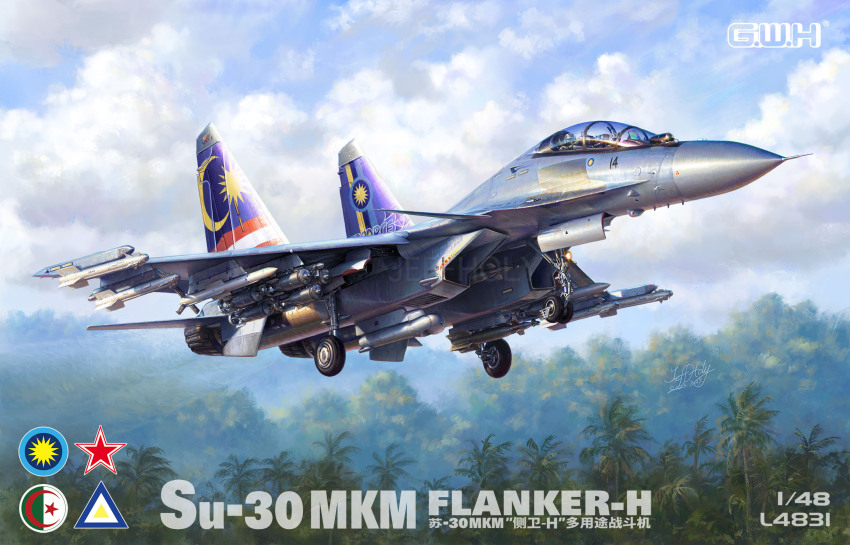 2others aircraft airplane artist_name canards canopy_(aircraft) cloud cloudy_sky day fighter_jet flying highres jeffholy jungle landing_gear military_vehicle missile multiple_others nature original outdoors palm_tree pilot realistic roundel royal_malaysian_air_force signature sky star_(symbol) star_and_crescent su-30 thrusters tree vehicle_focus watermark
