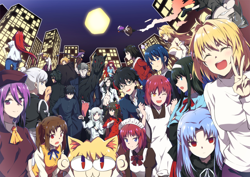 6+boys 6+girls absurdres animal_ear_fluff animal_ears aozaki_aoko archetype_earth arcueid_brunestud arima_miyako azami_masurao bare_shoulders black_hair blonde_hair blue_eyes blue_hair blush bow brown_hair building cape cat_ears cat_girl ciel_(tsukihime) city closed_eyes dark_persona detached_sleeves dual_persona everyone expressionless flying formal_clothes full_moon glasses group_picture hair_bow hair_over_one_eye hand_in_pocket happy highres hisui_(tsukihime) holding_hands japanese_clothes kimono kishima_kouma kohaku_(tsukihime) len_(tsukihime) long_hair looking_at_viewer maid maid_headdress mecha_hisui melty_blood michael_roa_valdamjong monster moon multiple_boys multiple_girls nanaya_shiki neco-arc neco-arc_chaos night night_sky nrvnqsr_chaos nun ponytail purple_eyes purple_hair red_arcueid red_hair riesbyfe_stridberg robot ryougi_shiki school_uniform short_hair sion_eltnam_(type-moon) sion_eltnam_atlasia sion_tatari sky smile sweater tohno_akiha tohno_shiki toono_akiha tsukihime tunic turtleneck turtleneck_sweater v vampire vermillion_akiha wallachia white_hair white_len_(tsukihime) yumizuka_satsuki