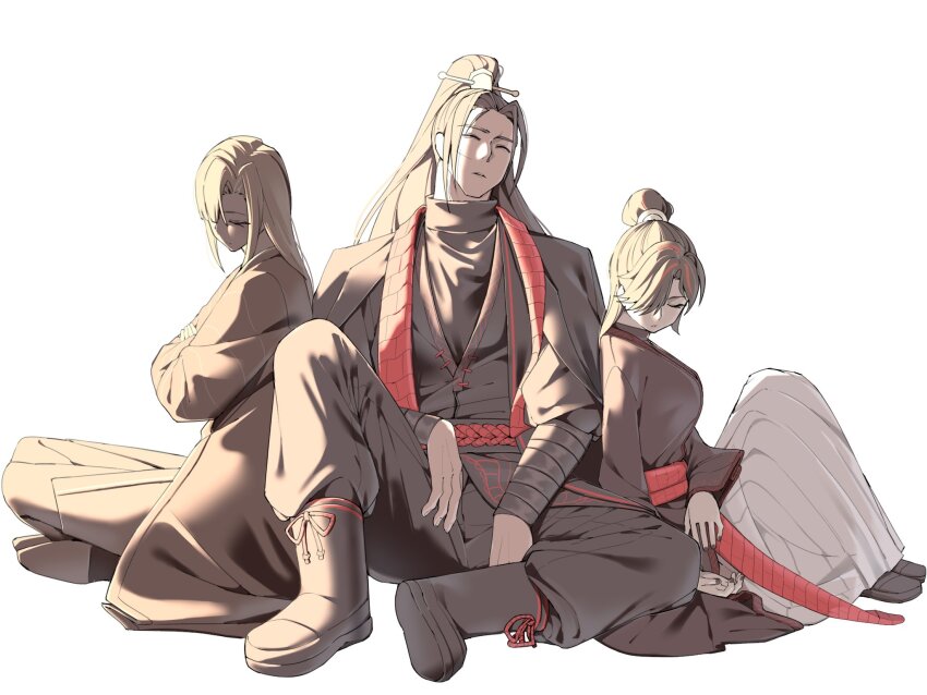 1boy 2girls black_hair black_hanfu black_jacket black_robe boots breasts character_request check_character chinese_clothes closed_eyes crossed_ankles crossed_arms curtained_hair full_body hair_bun hair_ornament hair_over_one_eye hanfu head_tilt heiya_desu high_ponytail highres jacket jacket_on_shoulders jia_qiu_(project_moon) jia_xichun_(project_moon) knee_up limbus_company multicolored_hair multiple_girls on_ground ponytail popped_collar project_moon red_scarf robe rope_belt scarf sidelighting sitting sleeping stole streaked_hair zilu_(project_moon)