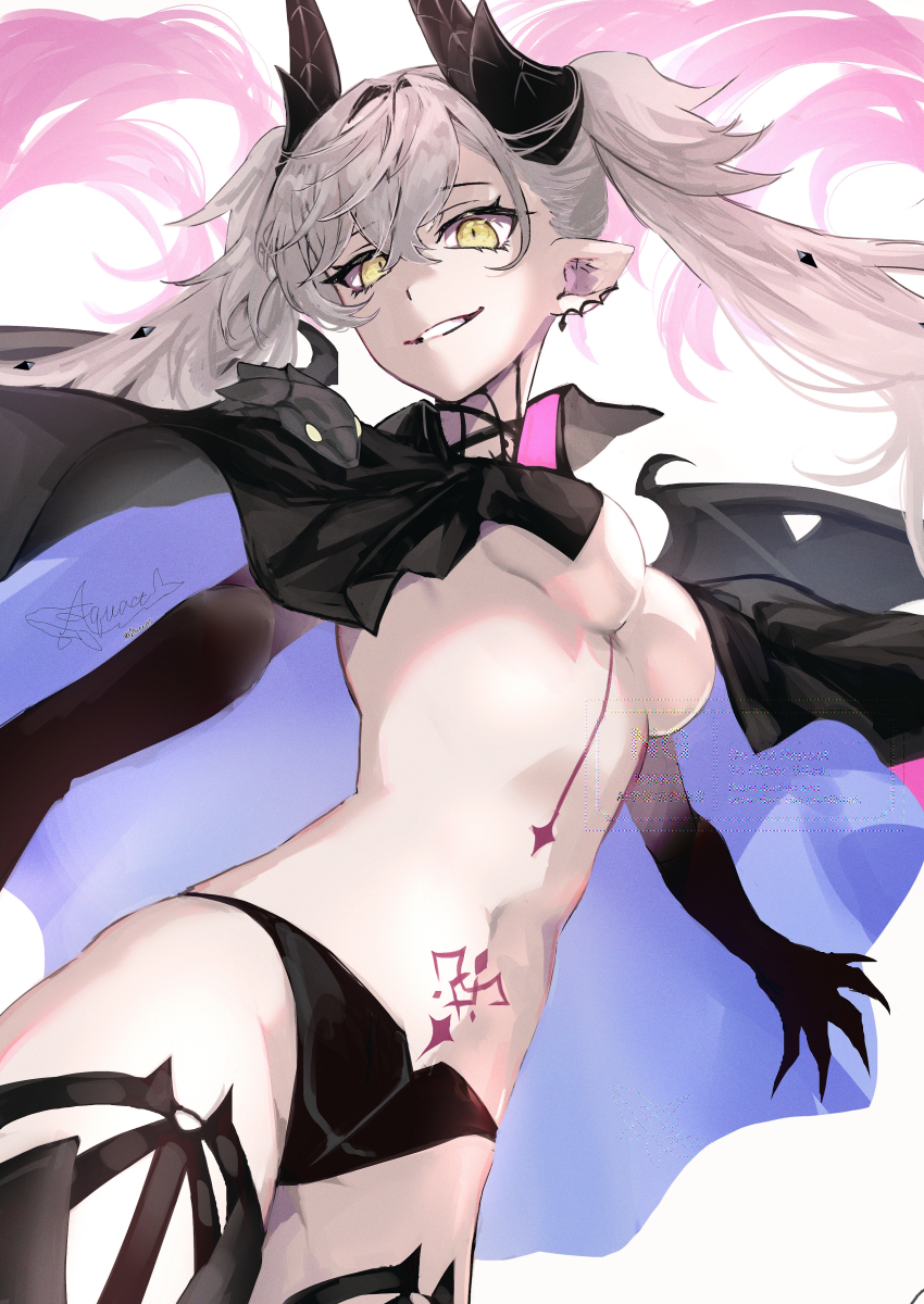 1girl absurdres aquact black_cloak black_hands black_panties black_thighhighs body_markings breasts choker cloak colored_extremities crossed_bangs demon_girl demon_horns demon_wings ear_piercing fate/grand_order fate_(series) grey_hair grin hair_between_eyes highres horns lilith_(fate) lilith_(second_ascension)_(fate) long_hair looking_at_viewer medium_breasts navel panties piercing pointy_ears smile solo stomach_tattoo tattoo thighhighs thighs twintails underwear wings yellow_eyes