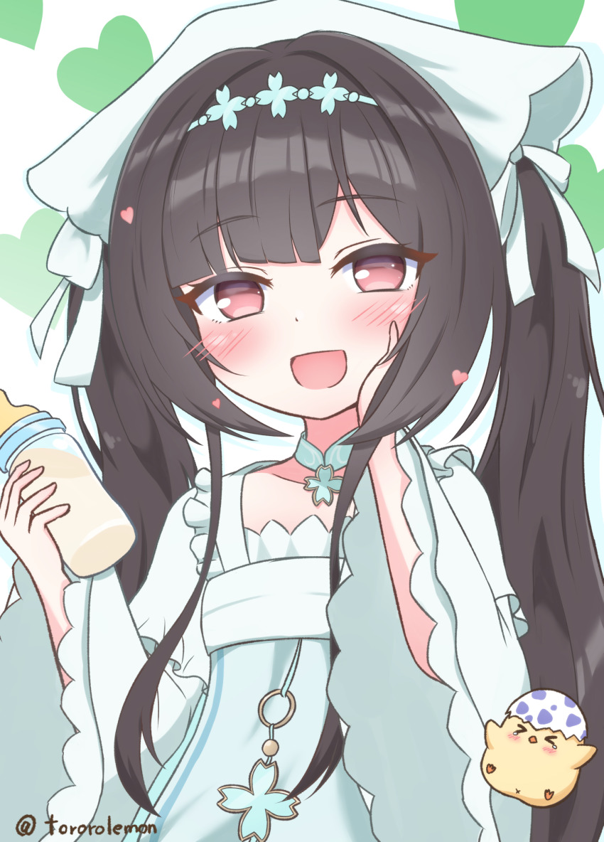 &gt;_&lt; 1girl :d azur_lane baby_animal baby_bottle bird black_hair blunt_bangs blush bottle brown_hair chang_feng_(azur_lane) chick choker commission dress frills hair_ornament hand_on_own_cheek hand_on_own_face headscarf heart heart_background highres holding holding_bottle long_hair long_sleeves looking_at_viewer manjuu_(azur_lane) milk_bottle oboroillust official_alternate_costume open_mouth pixiv_commission red_eyes sidelocks smile solo twintails twitter_username upper_body very_long_hair white_dress wide_sleeves