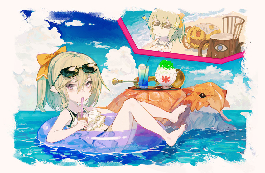 1girl afloat beach border bow bubble_tea cloud drinking drinking_straw eyewear_on_head fading_border food frilled_swimsuit frills granblue_fantasy green_hair hair_bow harvin innertube instrument looking_at_viewer midget mimlememel multiple_views navel official_art petite ponytail pumpkin purple_eyes shaved_ice short_hair sitting sparkle sunglasses sweatdrop swim_ring swimsuit tree_stump trumpet turtle
