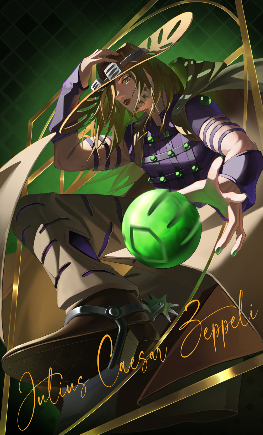 1boy absurdres adjusting_clothes adjusting_headwear beard boots bridal_gauntlets brown_boots brown_cape brown_hair cape character_name cowboy_hat facial_hair goggles goggles_on_headwear gold_teeth golden_spiral green_ball green_eyes green_nails grey_pants gyro_zeppeli hat highres jojo_no_kimyou_na_bouken male_focus pants purple_bridal_gauntlets purple_shirt shirt short_sleeves solo spurs steel_ball_(jojo) steel_ball_run yeyiye_(2954504619)