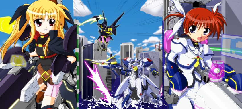 2girls bardiche_(nanoha) bardiche_(scythe_form)_(nanoha) blonde_hair blue_eyes brown_hair cockpit fate_testarossa gloves hair_ribbon highres lyrical_nanoha mahou_shoujo_lyrical_nanoha mahou_shoujo_lyrical_nanoha_the_movie_1st mecha mechanization motion_lines multiple_girls open_mouth parody raising_heart raising_heart_(cannon_mode) red_eyes ribbon robot short_twintails speed_lines super_robot_wars takamachi_nanoha thighhighs twintails uripon water weissritter