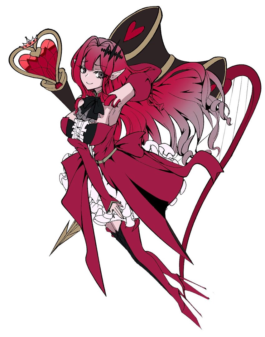 1girl baobhan_sith_(fate) baobhan_sith_(first_ascension)_(fate) bare_shoulders boots breasts center_frills detached_collar detached_sleeves dress earrings fate/grand_order fate_(series) frills full_body grey_eyes hammer harp high_heels highres instrument jewelry large_breasts long_hair looking_at_viewer pink_hair pointy_ears red_dress satou_nui sidelocks smile solo stake thigh_boots tiara