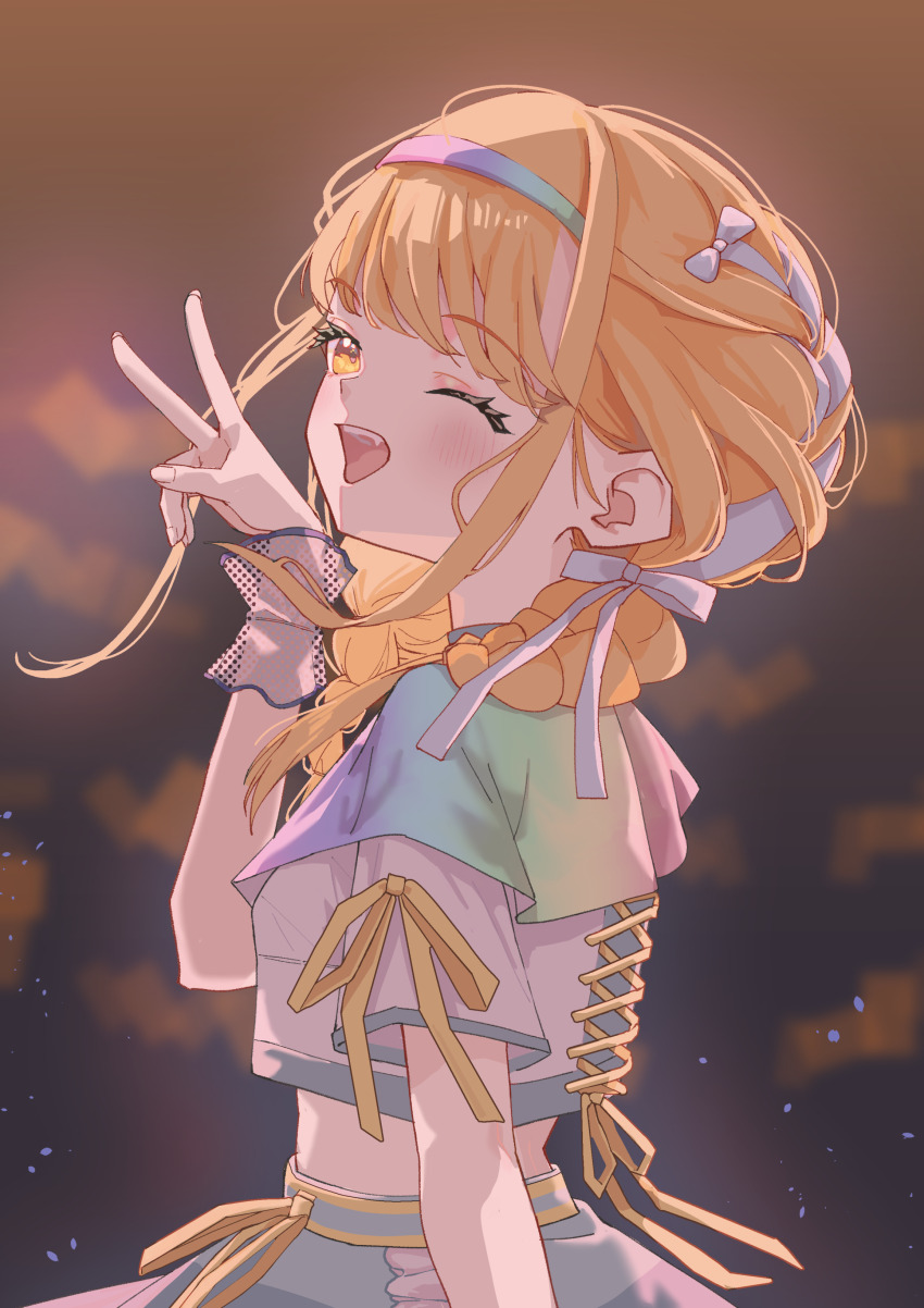 1girl ;d absurdres blonde_hair blush braid cropped_shirt fujita_kotone gakuen_idolmaster hair_ribbon highres idol_clothes idolmaster kinako_mochi looking_at_viewer looking_to_the_side one_eye_closed open_mouth ribbon ribbon_braid sekaiichi_kawaii_watashi_(idolmaster) short_sleeves smile solo twin_braids upper_body v white_ribbon yellow_eyes