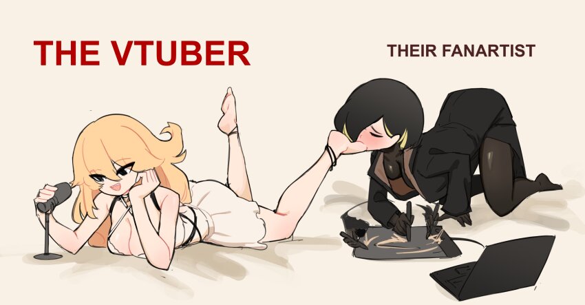 2girls :d absurdres afterimage all_fours anklet bare_arms bare_legs bare_shoulders barefoot black_coat black_eyes black_gloves black_pantyhose blush breasts centurii-chan character_request closed_eyes coat commentary computer copyright_request criss-cross_halter drawing_(action) dress english_commentary english_text feet_up gloves hair_between_eyes halterneck highres jewelry laptop large_breasts long_hair lying medium_breasts microphone multiple_girls on_stomach open_mouth pantyhose short_hair smile stylus tablet_pc toe_sucking virtual_youtuber white_dress yuri