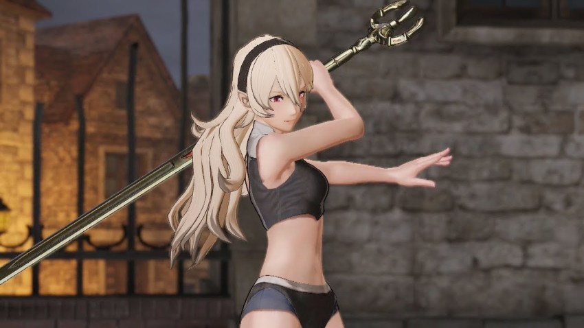 1girl 3d architecture arm_up armor armpits bare_shoulders barefoot black_hairband bra breasts broken_armor building cleavage closed_mouth collarbone corrin_(female)_(fire_emblem) corrin_(fire_emblem) determined dynamic_pose eyelashes feet female_focus fighting_pose fighting_stance fingernails fire_emblem fire_emblem_fates fire_emblem_warriors gameplay_mechanics gate hair_between_eyes hair_ornament hairband holding holding_sword holding_weapon house intelligent_systems legs long_hair looking_away medium_breasts midriff multicolored_bra multicolored_panties multicolored_underwear nails navel neck night night_sky nintendo official_alternate_costume official_underwear outdoors outstretched_arms over_shoulder pale_skin panties pointy_ears red_eyes ruins silver_hair sky spread_arms standing stone_wall sword sword_over_shoulder thighs toenails toes underwear underwear_only wall weapon weapon_over_shoulder yato_(fire_emblem)