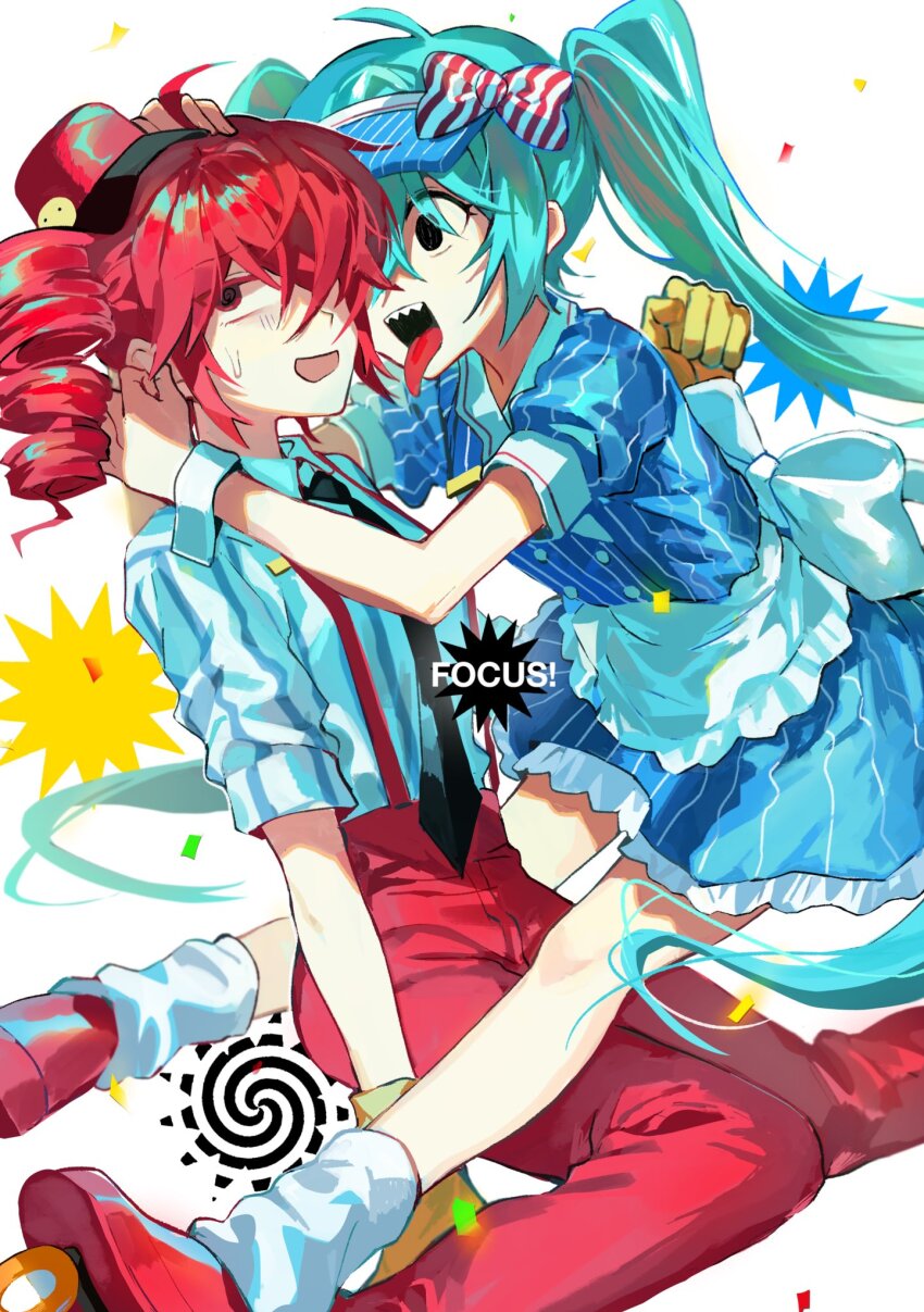 2girls ahoge alternate_costume apron black_necktie blue_hair bow breasts buttons collared_dress collared_shirt confetti double-breasted dress gloves hair_bow hair_over_one_eye hand_around_neck hand_on_another&#039;s_neck hat hatsune_miku highres hug kasane_teto kepi layered_dress long_hair looking_at_another looking_to_the_side mesmerizer_(vocaloid) military_hat multiple_girls necktie open_mouth pants pinstripe_dress pinstripe_hat pinstripe_pattern red_eyes red_footwear red_hair red_hat red_pants sailor_collar samsap sharp_teeth shirt short_sleeves simple_background sitting skates sleeves_rolled_up small_breasts socks solid_circle_eyes spiral striped_bow striped_clothes striped_shirt suspenders sweatdrop teeth tongue tongue_out twintails upper_teeth_only utau visor_cap vocaloid waist_apron white_apron white_background white_bow white_socks white_wrist_cuffs wing_collar wrist_cuffs yellow_gloves yuri
