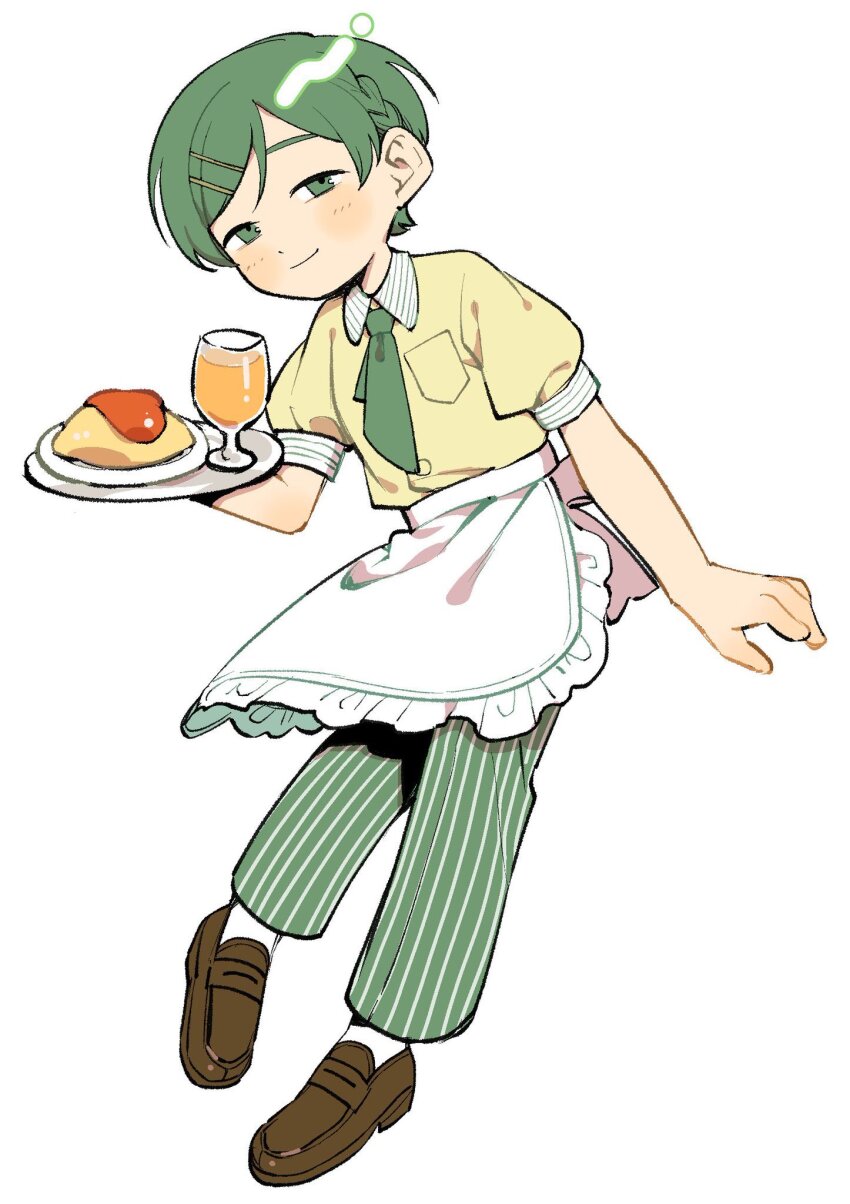 1girl apron blush braid breast_pocket brown_shoes contrast_collar cup employee_uniform food frilled_apron frills full_body futsuu_no_keion-bu green_eyes green_hair green_necktie green_pants hair_ornament hairpin highres holding holding_tray ketchup kouyama_rin light_smile loafers looking_at_viewer necktie official_alternate_costume omelet omurice pants parted_bangs pixie_cut plate pocket puffy_short_sleeves puffy_sleeves rra_(yj) shirt shoes short_hair short_sleeves simple_background skirt socks solo striped_clothes striped_collar striped_pants striped_skirt striped_sleeve_cuffs tray vertical-striped_clothes vertical-striped_pants vertical-striped_skirt waist_apron waitress white_background white_socks yellow_shirt