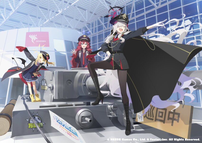 3girls akinashi_yuu belt black_belt black_coat black_dress black_footwear black_headwear black_horns black_pantyhose black_shirt black_tail black_wings blonde_hair bloomers blue_archive boots coat collared_shirt demon_horns demon_tail demon_wings dress gloves grey_eyes grey_hair hair_over_one_eye halo hat high_heel_boots high_heels horns ibuki_(blue_archive) iroha_(blue_archive) long_hair long_sleeves makoto_(blue_archive) military_vehicle motor_vehicle multiple_girls necktie open_clothes open_coat pantyhose peaked_cap pinafore_dress pointing pointing_forward purple_halo red_hair red_halo red_necktie shirt side_ponytail sleeveless sleeveless_dress sleeves_past_fingers sleeves_past_wrists tail tank tiger_i underwear white_bloomers white_gloves white_shirt wings yellow_boots yellow_eyes yellow_halo