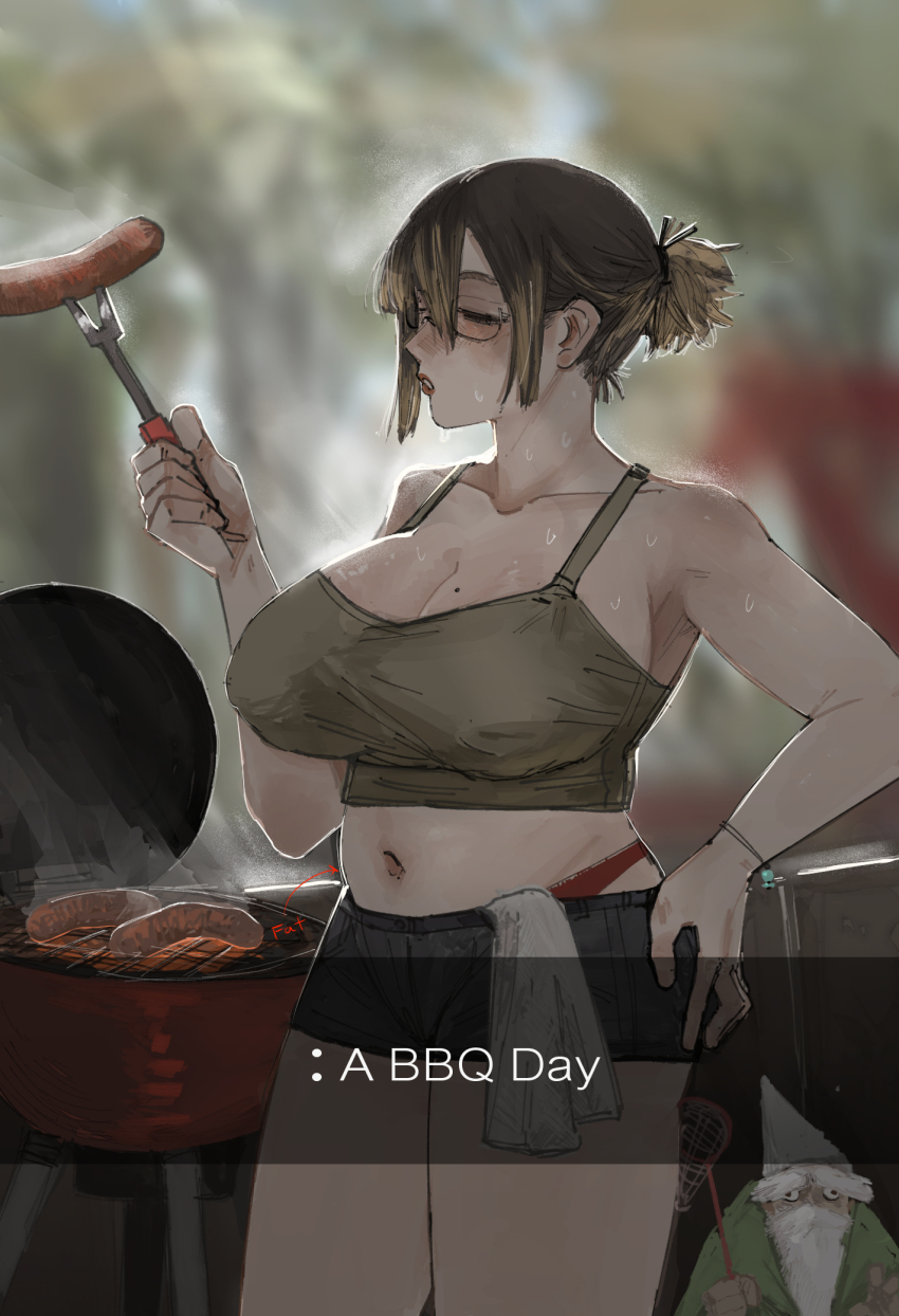 1boy 1girl bare_arms bare_shoulders beard belly black_hair blonde_hair blurry blurry_background blush breasts cleavage closed_eyes commentary cooking cowboy_shot crop_top depth_of_field emma_(futaba_141) english_text facial_hair food fork futaba_141 glasses gnome grill grilling hand_net hand_on_own_hip hand_up highres holding holding_fork hot large_breasts meat midriff mole mole_on_breast navel original outdoors panties panty_straps parted_lips plump pointy_hat ponytail red_panties sausage short_ponytail short_shorts shorts smoke solo_focus standing sweat symbol-only_commentary tank_top thick_thighs thighs towel underwear