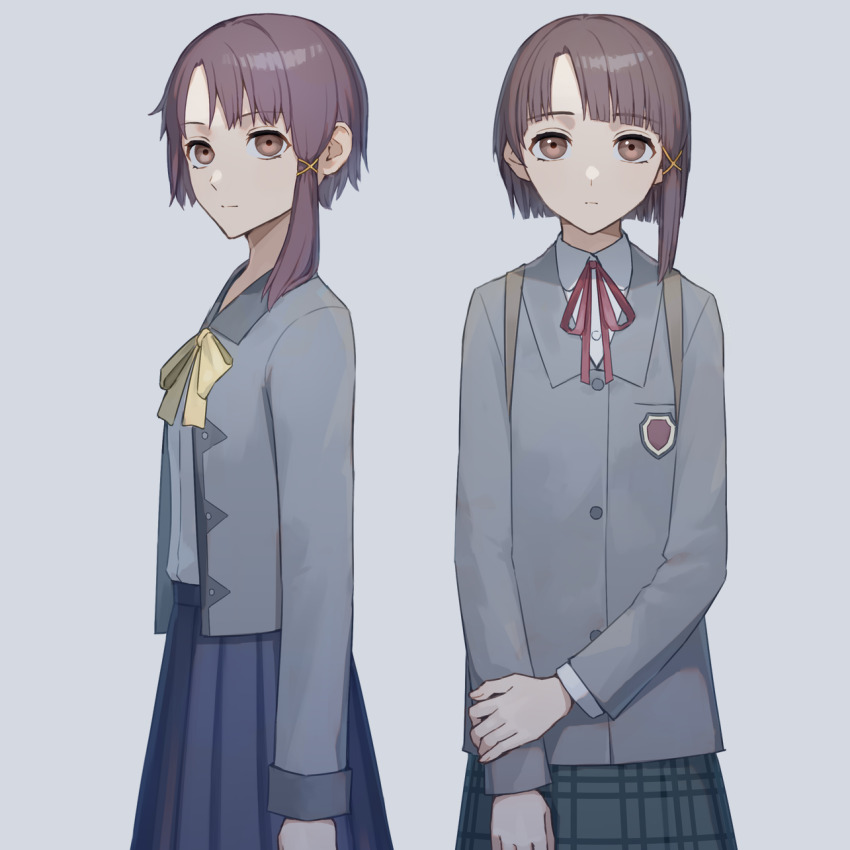 1girl blazer blue_skirt bow brown_eyes brown_hair commentary_request daiasouken_(dri) grey_background grey_jacket grey_skirt hair_ornament highres iwakura_lain jacket neck_ribbon plaid_clothes plaid_skirt red_ribbon ribbon school_uniform serial_experiments_lain short_hair simple_background single_sidelock skirt x_hair_ornament yellow_bow