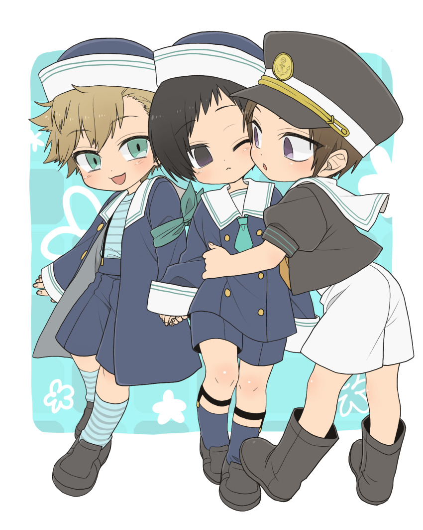 3boys :o aqua_eyes aqua_necktie aqua_socks arafune_tetsuji armband arms_at_sides black_footwear black_hair black_headwear blonde_hair blue_coat blue_headwear blue_shorts blue_socks boots brown_hair cheek-to-cheek chibi coat full_body hat heads_together highres holding_hands hug inukai_sumiharu jacket kneehighs legwear_garter long_sleeves looking_at_another looking_at_viewer male_focus multiple_boys necktie one_eye_closed open_clothes open_jacket outside_border peaked_cap purple_eyes sailor_collar sailor_hat shirt shishou_(xxsisyou) short_hair short_necktie shorts smile socks standing striped_clothes striped_shirt striped_socks suspender_shorts suspenders tsuji_shinnosuke white_shorts world_trigger