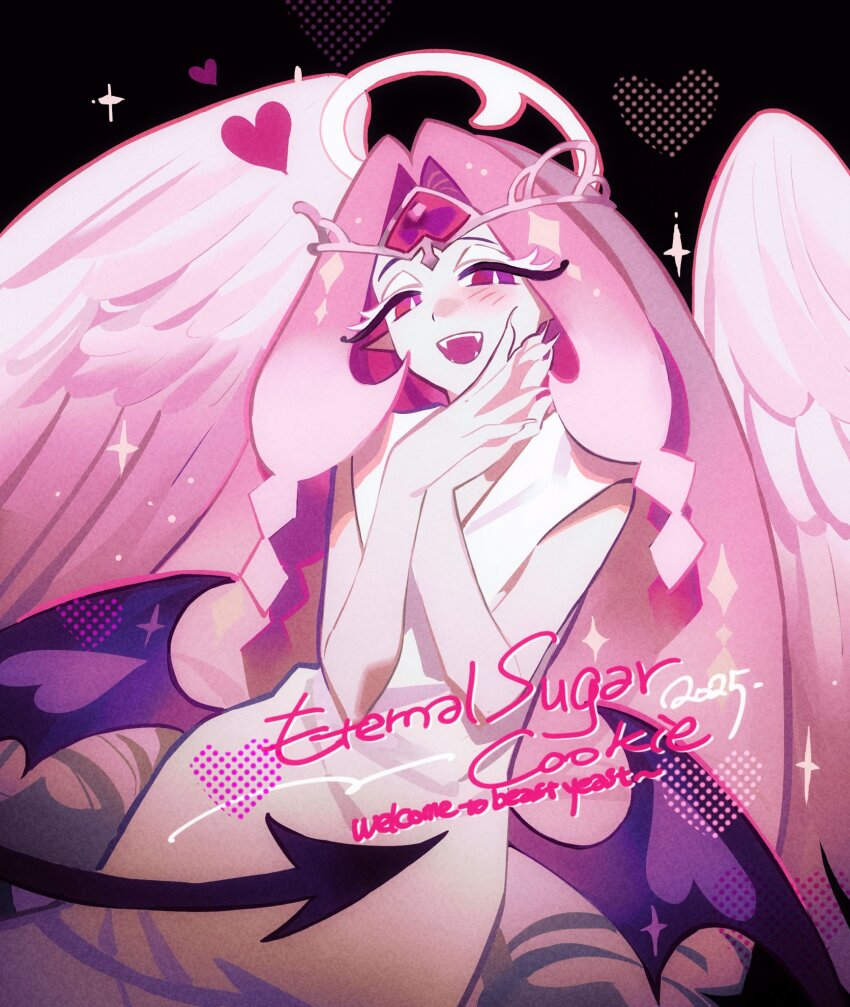 1girl angel angel_wings character_name colored_skin cookie_run cookie_run:_kingdom demon_tail dress english_text eternal_sugar_cookie halo heart highres long_hair open_mouth own_hands_together pink_eyes pink_hair pink_skin shime_52631 solo tail very_long_hair white_dress wings
