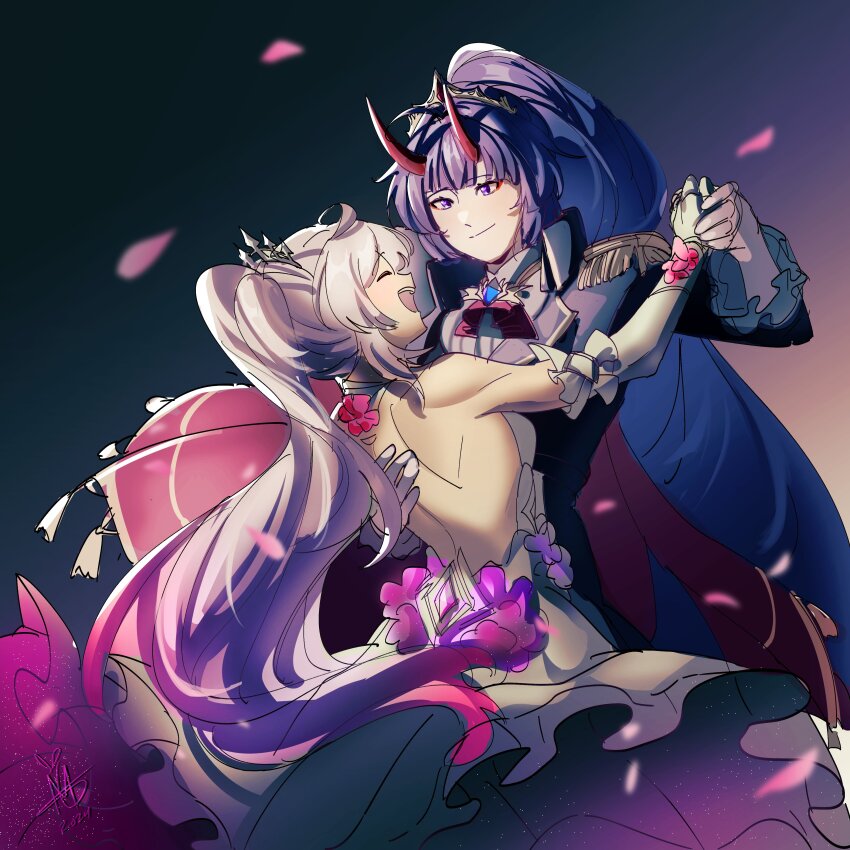 2024 2girls absurdres back backless_dress backless_outfit closed_mouth commentary dancing demon_horns diadem dress elbow_gloves english_commentary epaulettes falling_petals gloves gradient_hair high_ponytail highres honkai_(series) honkai_impact_3rd horns kiana_kaslana kiana_kaslana_(herrscher_of_finality) mscheckacheck multicolored_hair multiple_girls open_mouth petals pink_petals ponytail purple_eyes purple_hair raiden_mei raiden_mei_(herrscher_of_thunder) raiden_mei_(nocturne_ablaze) red_horns signature smile two-sided_dress two-sided_fabric two-tone_hair white_dress white_gloves yuri