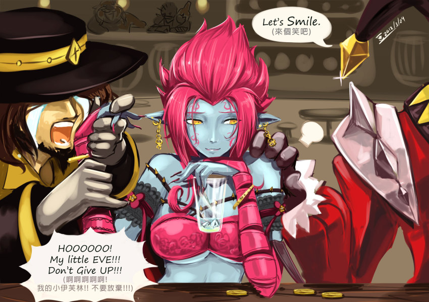 1girl 2boys armband beancurd bikini bikini_top_only blue_skin breasts bridal_gauntlets cleavage colored_skin cup dated earrings elbow_gloves english_text evelynn_(league_of_legends) evelynn_(old) glass gloves gragas hand_on_shoulder hat highres holding_another&#039;s_wrist jewelry large_breasts league_of_legends multiple_boys nail_polish pink_hair pointy_ears shaco short_hair singed spikes swimsuit tears twisted_fate yellow_eyes