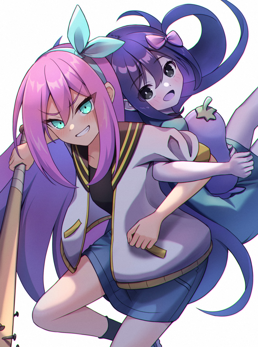 2girls alternate_eye_color aubrey_(faraway)_(omori) aubrey_(headspace)_(omori) aubrey_(omori) baseball_bat black_eyes blue_eyes blue_hairband blue_shirt blue_skirt blush bow bright_pupils colored_skin denim denim_skirt dual_persona grin hair_bow hairband highres holding holding_baseball_bat holding_stuffed_toy jacket locked_arms long_hair long_shirt looking_at_viewer mr._plantegg_(omori) multiple_girls nail nail_(hardware) nail_bat omori open_mouth parted_lips pink_bow pink_hair purple_hair shirt short_sleeves simple_background skirt smile stuffed_eggplant stuffed_toy suzugame_lost t-shirt teeth white_background white_jacket white_pupils white_skin