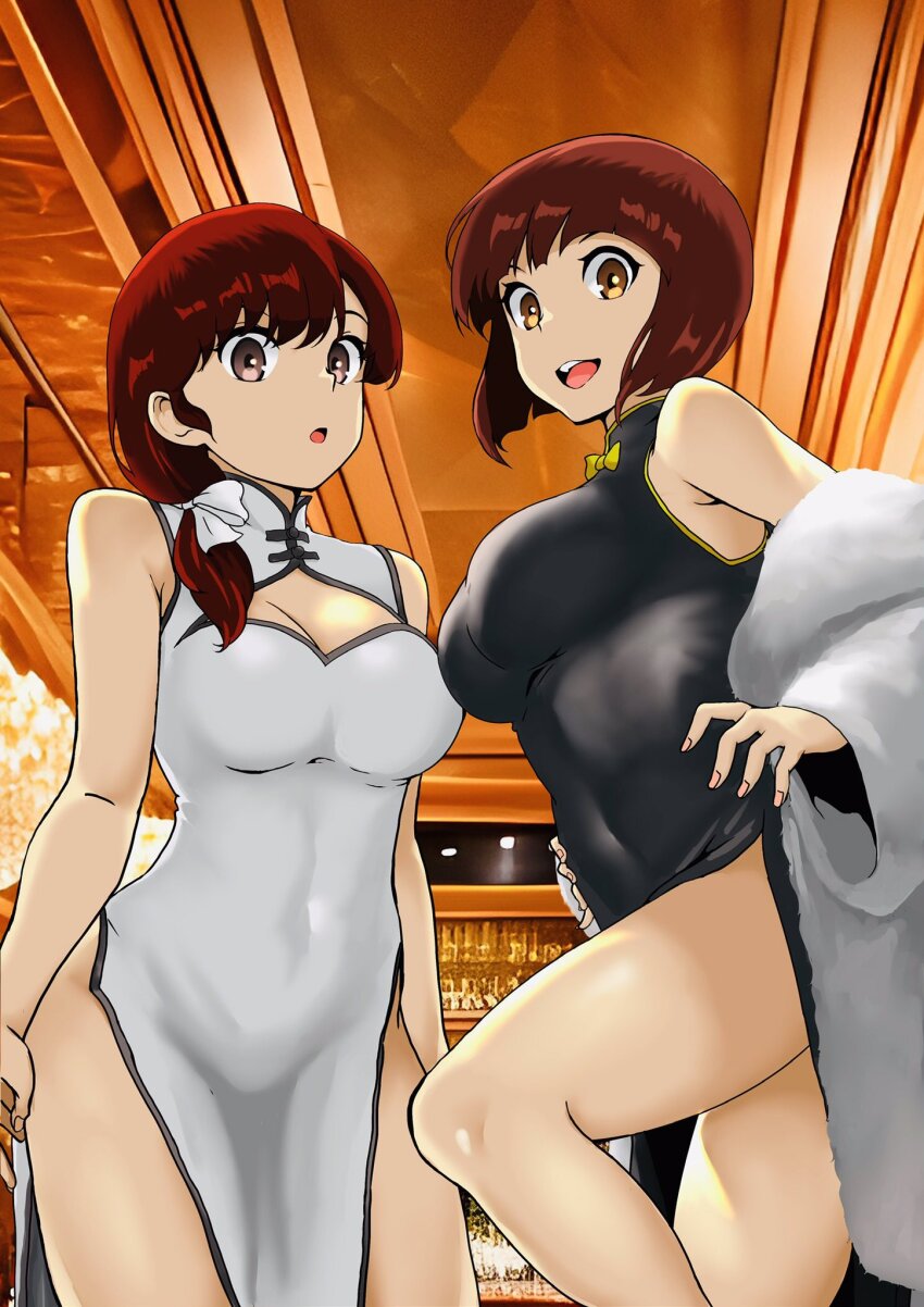 2girls :d :o armpits arms_at_sides bar_(place) bare_shoulders black_dress blunt_bangs blunt_ends bob_cut bow breasts brown_eyes chandelier china_dress chinese_clothes cleavage cleavage_cutout clothing_cutout coat commentary covered_navel dress face-to-face feet_out_of_frame from_below fur_coat hair_bow hair_over_shoulder hair_ribbon hands_on_own_hips highres indoors inverted_bob knee_up labyrinth1986 large_breasts long_hair long_sleeves looking_at_viewer looking_down low_ponytail mandarin_collar multiple_girls off_shoulder open_mouth photo_background pink_nails ponytail ranma_1/2 ribbon shelf short_hair siblings side_slit sisters sleeveless sleeveless_dress smile standing swept_bangs teeth tendou_kasumi tendou_nabiki upper_teeth_only white_bow white_coat white_dress white_ribbon wooden_ceiling