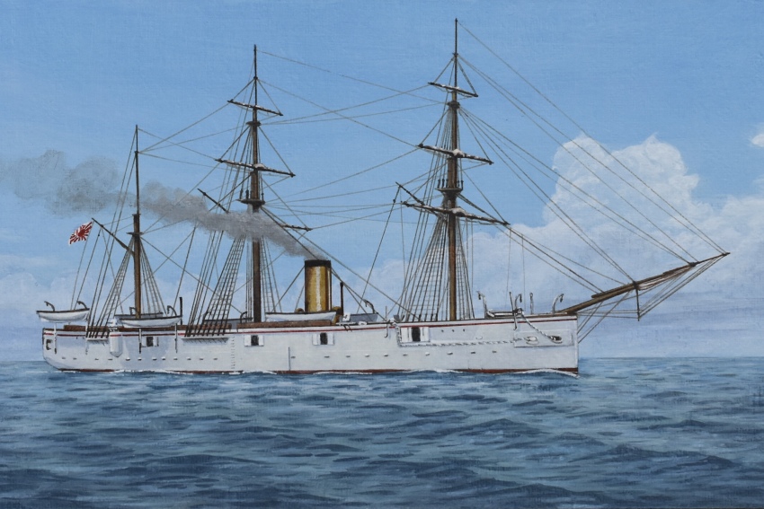 acrylic_paint_(medium) atelier_bono evening flag frigate highres imperial_japanese_navy japanese_flag mast military_vehicle morning no_humans ocean original painting_(medium) ship sky smoke smokestack traditional_media vehicle_focus warship watercraft yamato_(frigate)