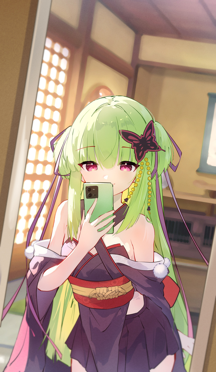 1girl absurdres arm_behind_back backlighting bare_shoulders black_kimono black_skirt blunt_bangs blunt_ends blurry blurry_background breasts butterfly_hair_ornament cellphone closed_mouth commentary cowboy_shot criss-cross_halter day eyes_visible_through_hair feng1180 full-length_mirror green_hair hair_ornament hair_ribbon halterneck hand_up highres hime_cut holding holding_phone indoors japanese_clothes kimono long_hair long_ribbon long_sleeves looking_at_viewer miniskirt mirror murasame_(senren) phone pleated_skirt pom_pom_(clothes) purple_ribbon red_eyes red_sash reflection ribbon sash selfie senren_banka sidelocks skirt small_breasts smartphone smile solo straight_hair two_side_up very_long_hair wide_sleeves