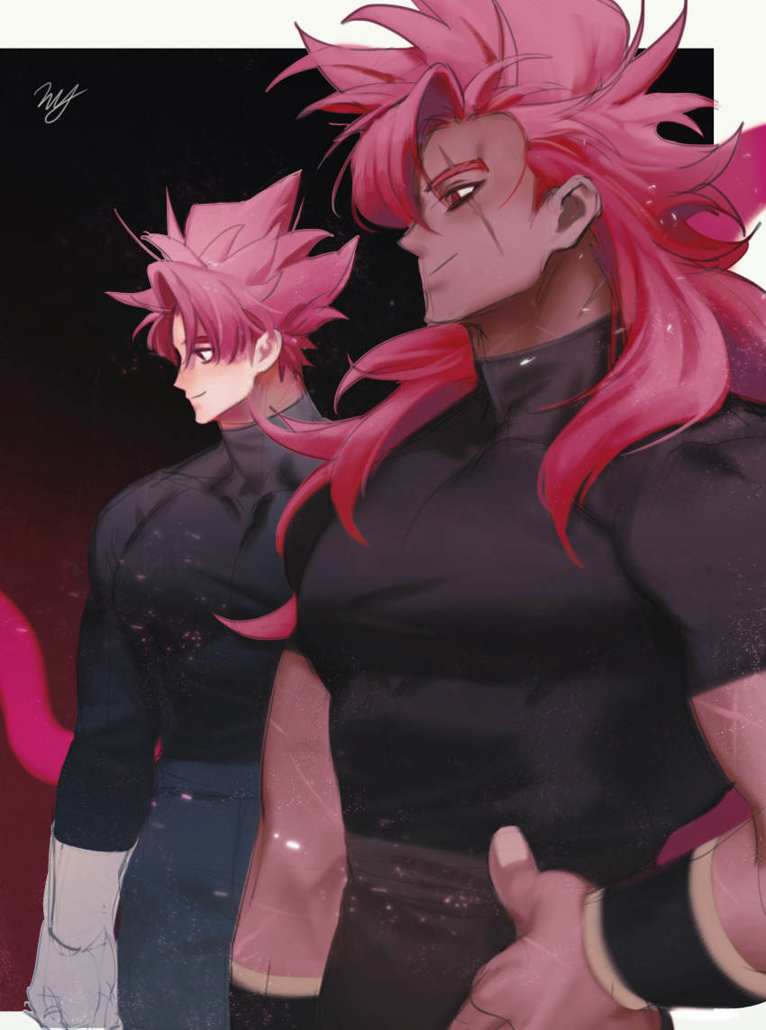 2boys absurdres black_shirt border bracer commentary_request compression_shirt covered_pectorals dark-skinned_male dark_skin dragon_ball dragon_ball_xenoverse gloves gradient_background hand_on_own_hip highres hyong311 korean_commentary long_hair looking_ahead male_focus mirai_senshi monkey_boy monkey_tail multiple_boys muscular muscular_male original pectorals profile red_eyes red_hair reta_(hyong311) saiyan scar scar_across_eye scar_on_face shirt short_hair signature smile spiked_hair super_saiyan super_saiyan_god tail transformation white_border white_gloves