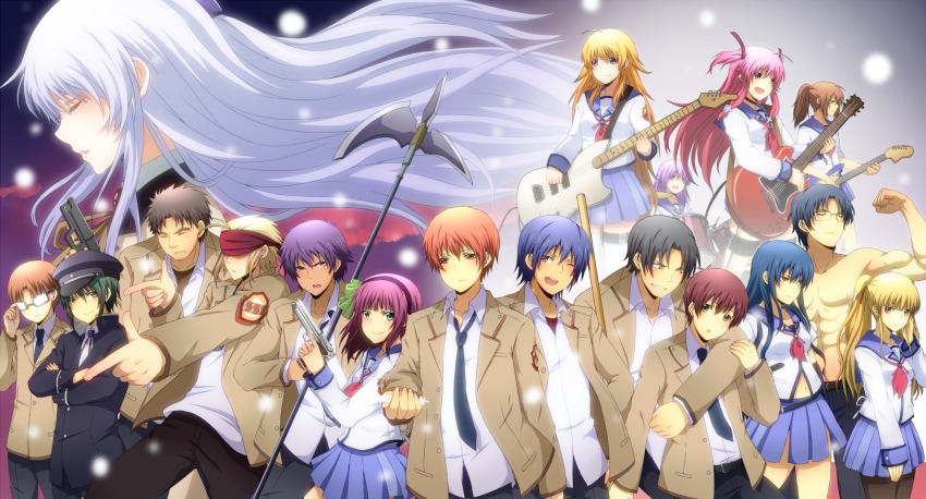 10s 6+girls adjusting_eyewear ahoge angel_beats! bandana belt beretta_92 black_hair blonde_hair blue_eyes blue_hair blush bokken bow brown_eyes brown_hair choker closed_eyes covering_face covering_own_eyes covering_privates cross crossed_arms demon_tail drum drumsticks erito erito59 everyone fang feathers fujimaki_(angel_beats!) girls_dead_monster glasses green_eyes green_hair guitair guitar gun hair_bow hairband halberd handgun hat highres hisako_(angel_beats!) instrument irie_miyuki long_hair matsushita_(angel_beats!) multiple_girls nakamura_yuri naoi_ayato necktie noda_(angel_beats!) one_eye_closed ooyama_(angel_beats!) open_mouth orange_eyes orange_hair otonashi_yuzuru pantyhose pink_eyes pink_hair pistol polearm ponytail purple_eyes purple_hair red_eyes school_uniform sekine_shiori serafuku shiina_(angel_beats!) shirasaya short_hair short_twintails silver_hair sky sleeves_rolled_up sword tail takamatsu_(angel_beats!) takeyama_(angel_beats!) tenshi_(angel_beats!) thigh_strap thighhighs tk_(angel_beats!) topless_female twilight twintails two_side_up very_long_hair weapon white_thighhighs wink wooden_sword yui_(angel_beats!) yusa_(angel_beats!)