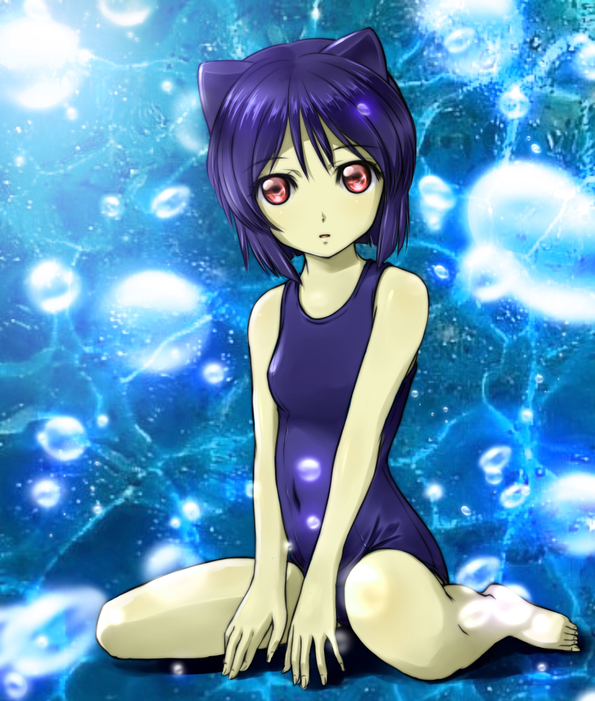 1girl animal_ears aq_interactive arcana_heart artist_request blue_hair breasts collarbone daidouji_kira examu feet full_body hair_between_eyes highres looking_at_viewer open_mouth parted_lips school_swimsuit short_hair sitting small_breasts swimsuit wariza water yellow_eyes