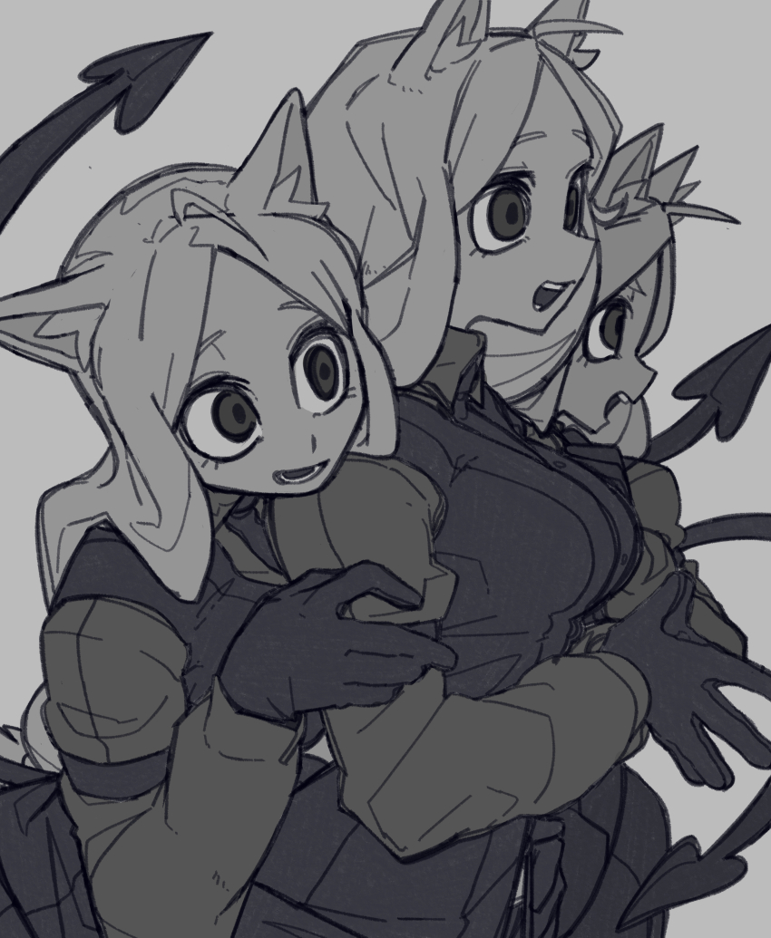 3girls absurdres bone_nigi boots cerberus_(helltaker) demon_girl formal_clothes greyscale helltaker highres long_hair monochrome multiple_girls pants suit tail triplets white_hair