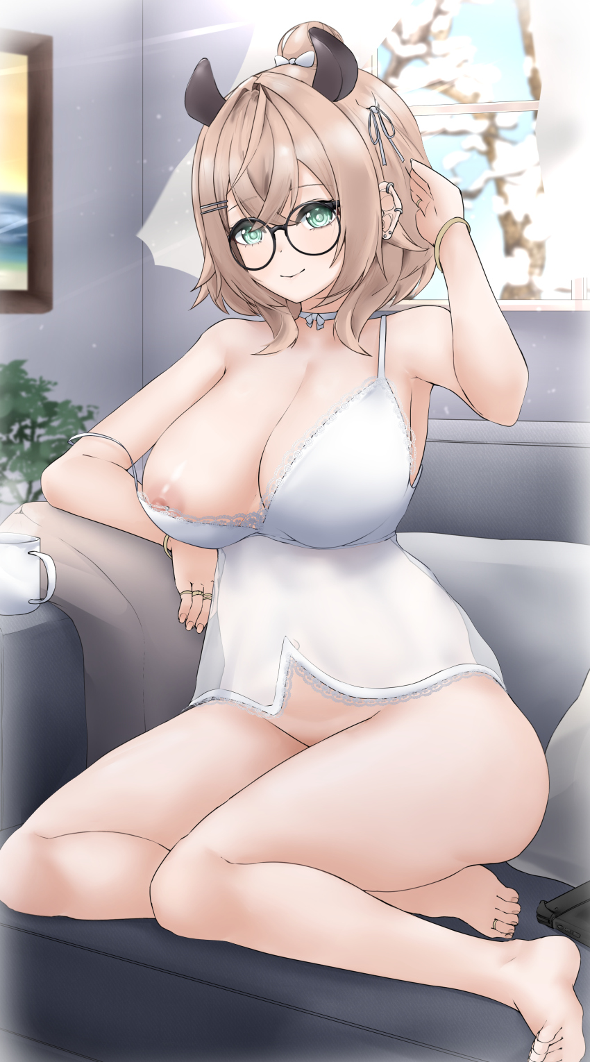 1girl absurdres aidoruhakase animal_ears babydoll bottomless bracelet breasts choker closed_mouth commentary couch crossed_bangs double-parted_bangs ear_piercing earrings empire_waist english_commentary glasses green_eyes hair_between_eyes hair_bun hair_ornament hairclip hand_up highres indie_virtual_youtuber indoors jewelry large_breasts looking_at_viewer nimi_nightmare nipple_slip nipples on_couch parallel_hairclips piercing round_eyewear single_hair_bun sitting smile solo spaghetti_strap strap_slip tapir_ears tapir_girl virtual_youtuber white_babydoll white_choker