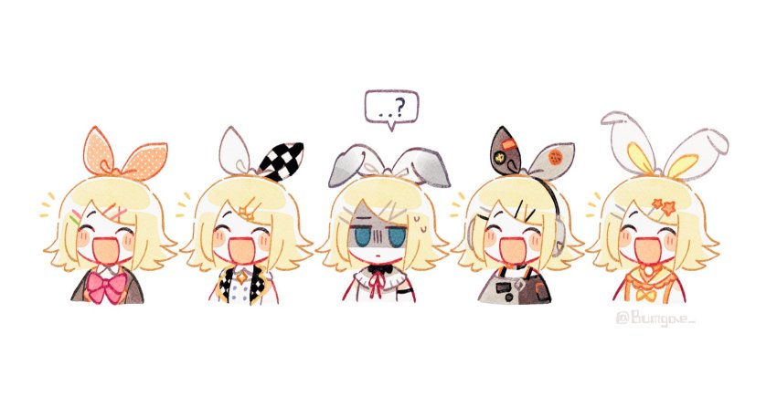 +++ 25-ji_rin 5girls armband arms_at_sides black_jacket blonde_hair blue_eyes blush_stickers bow bowtie checkered_bow checkered_clothes closed_eyes closed_mouth cropped_torso detached_collar empty_eyes facing_viewer frilled_shirt_collar frills gradient_bow hair_bow hair_ornament hairclip happy headphones highres jacket kagamine_rin laughing leo/need_rin lineup more_more_jump!_rin multiple_girls multiple_persona neck_ribbon no_nose off_shoulder open_mouth orange_bow parted_bangs polka_dot polka_dot_bow project_sekai red_bow red_bowtie red_ribbon ribbon sailor_collar serious shaded_face short_hair simple_background spaghetti_strap sparkle_hair_ornament star_(symbol) star_hair_ornament sweatdrop swept_bangs turn_pale twitter_username two-tone_bow vivid_bad_squad_rin vocaloid white_background white_bow wing_collar wo_habum wonderlands_x_showtime_rin x_hair_ornament