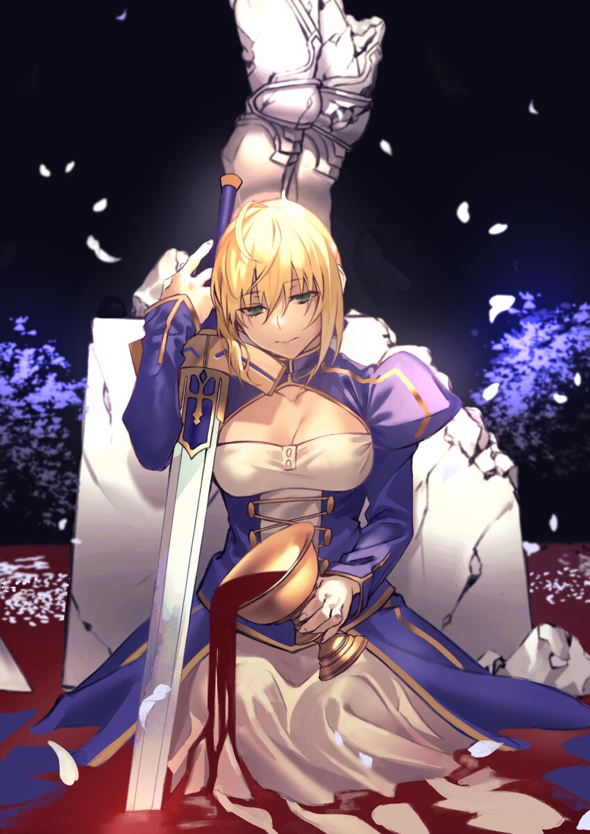 1girl absurdres ahoge armor artoria_pendragon_(fate) blonde_hair blood breasts chalice cleavage cleavage_cutout closed_mouth clothing_cutout crown cup dress excalibur_(fate/stay_night) falling_feathers fate/stay_night fate_(series) feathers gauntlets gold_crown green_eyes highres hiro_(hirohiro_gorira) holding holding_sword holding_weapon holy_grail_(fate) juliet_sleeves long_sleeves puffy_sleeves saber_(fate) sitting skirt sword weapon white_skirt