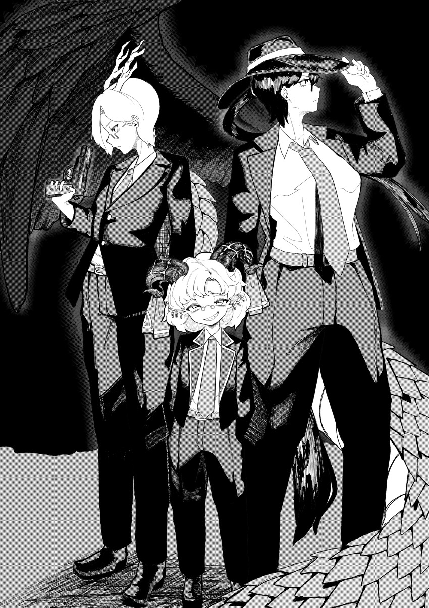 3girls absurdres alternate_costume black_jacket black_pants black_wings commentary_request earrings eastern_dragon_horns eastern_dragon_tail expressionless fedora grin gun handgun hands_in_pockets hat height_difference highres holding holding_gun holding_weapon horns jacket jewelry kicchou_yachie kurokoma_saki long_hair looking_at_viewer looking_to_the_side mafia medium_hair monochrome motutigire multiple_earrings multiple_girls necktie open_clothes open_jacket pants petite ponytail sheep_horns shell shirt shoes short_hair smile touhou toutetsu_yuuma weapon white_shirt wings