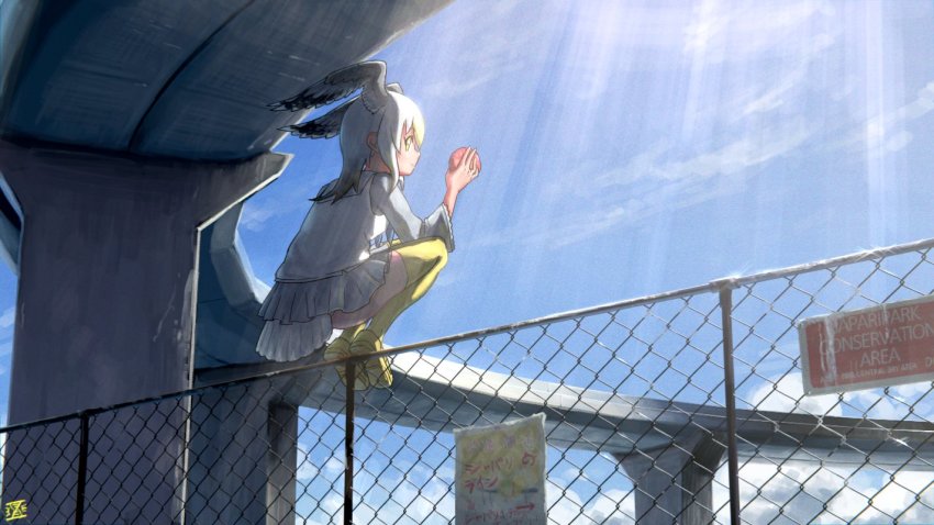 1girl bird_girl bird_tail bird_wings blonde_hair blue_neckerchief chain-link_fence commentary_request common_gull_(kemono_friends) fence food grey_hair grey_sweater head_wings imnim_leef japari_bun kemono_friends loafers long_hair looking_at_viewer multicolored_hair neckerchief overpass pleated_skirt sailor_collar shoes sign skirt solo squatting sweater tail thighhighs vest white_hair white_skirt white_vest wings yellow_eyes yellow_shoes yellow_thighhighs zettai_ryouiki