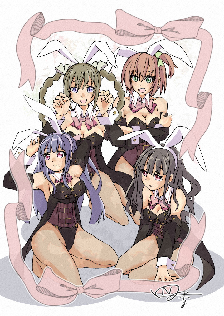 4girls absurdres adapted_costume amamiya_sophia_seren animal_ears arm_behind_head arms_under_breasts arms_up artist_name assault_lily bare_shoulders belt belt_buckle black_hair black_leotard blunt_bangs bow bowtie braid breasts brown_belt brown_hair brown_leotard brown_pantyhose buckle buttons cleavage closed_mouth coattails commentary_request covering_breasts covering_privates detached_collar detached_sleeves fake_animal_ears fang french_braid fukuyama_jeanne_sachie full_body green_bow green_eyes grey_ribbon groin hair_between_eyes hair_bow hair_ribbon hairband hands_up highres kishimoto_lucia_raimu kneeling kuroki_francisca_yuria leotard long_hair long_sleeves looking_ahead looking_at_viewer looking_to_the_side ludvico_private_girls&#039;_academy_school_uniform medium_breasts mole mole_under_mouth multicolored_leotard multiple_belts multiple_girls naganuki_shiki open_mouth orange_hair pantyhose parted_lips paw_pose pink_bow pink_bowtie pink_eyes pink_ribbon playboy_bunny purple_eyes purple_hair rabbit_ears raised_eyebrows ribbon school_uniform short_hair sidelocks signature sitting smile strapless strapless_leotard twin_braids twintails two-tone_leotard wavy_hair white_background white_hairband yokozuwari