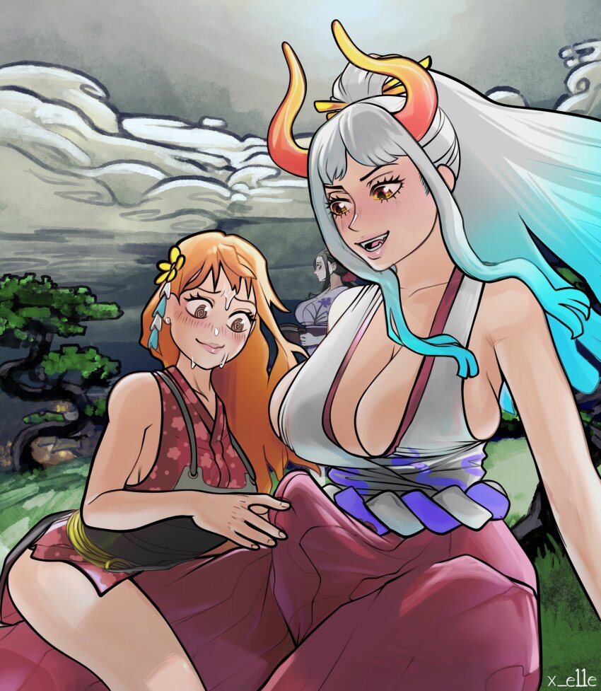 1futa 2girls bare_arms belt black_hair blue_hair blush breasts bulge cleavage closed_mouth cloud collarbone cup dark_sky e11e earrings erection erection_under_clothes facing_another fangs floating_hair flower futanari gradient_hair grass hair_flower hair_ornament hair_tie hakama hand_up happy height_difference high_ponytail highres holding holding_cup horns japanese_clothes jewelry kimono large_breasts large_penis long_hair looking_at_another looking_at_penis looking_down mug multicolored_hair multiple_girls nami_(one_piece) nervous nico_robin on_lap on_person one_piece open_mouth orange_eyes orange_hair outdoors penis penis_awe pirate ponytail reaching red_hakama red_kimono shirt shueisha sideboob signature sitting sitting_on_lap sitting_on_person size_difference sky sleeveless sleeveless_shirt smile spread_legs straddling sweat tongue tree watching white_hair yamato_(one_piece)