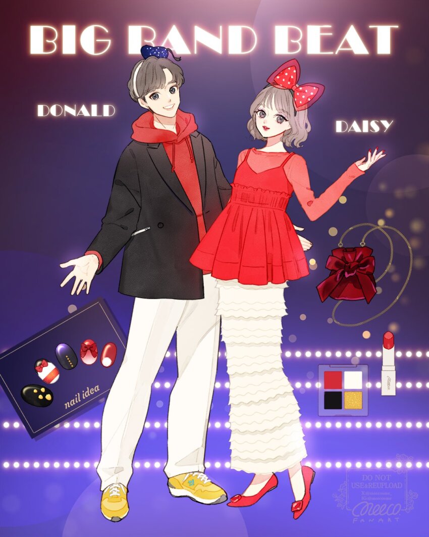 1boy 1girl blue_eyes bow brown_hair daisy_duck disneyland donald_duck hat highres humanization jewelry lips looking_at_viewer meecosme mickey_mouse_&amp;_friends open_mouth pants shirt short_hair skirt smile