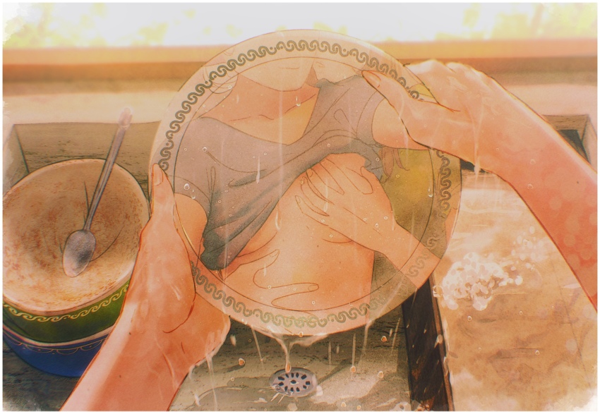 2girls asimov_(spindle_(aidenr0)) brown_hair dirty_dishes dishes dishwashing grabbing_another&#039;s_breast green_shirt grey_shirt groping hand_on_another&#039;s_stomach highres holding holding_plate multiple_girls original ottilie_(spindle_(aidenr0)) plate pov reflection shirt sink spindle_(aidenr0) spoon white_hair window yuri