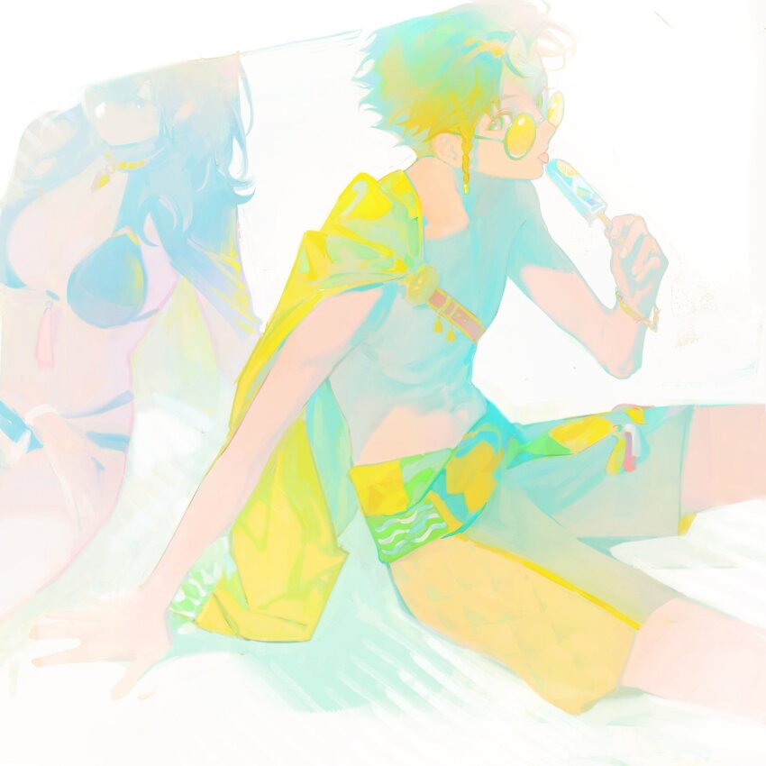 1boy 1girl abs bare_arms bare_legs belt bikini black-framed_eyewear black_bikini black_cape blonde_hair bracelet breasts brown_hair cape check_copyright chest_belt commentary copyright_request cowboy_shot food grey_eyes hair_between_eyes highleg highleg_bikini highres holding holding_food holding_popsicle jewelry kkia large_breasts licking male_swimwear original palm_leaf popsicle red_belt sash short_hair single_bare_shoulder sitting sunglasses swim_trunks swimsuit symbol-only_commentary tassel tinted_eyewear tongue topless_male waist_sash white_background yellow-tinted_eyewear yellow_cape yellow_male_swimwear yellow_sash yellow_theme
