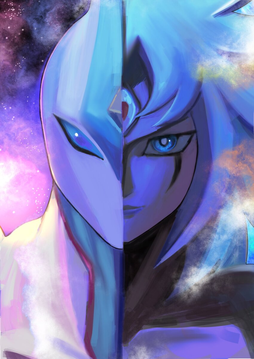 1boy 1other close-up colored_skin duel_monster elemental_hero_neos forehead_jewel green_eyes highres long_hair megamori_000 missing_commentary muted_color space third_eye white_skin yu-gi-oh! yu-gi-oh!_gx yubel