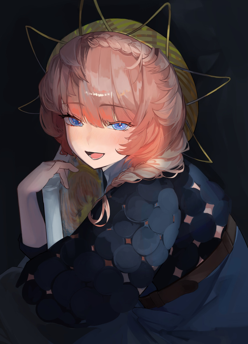 1girl absurdres belt black_background black_sleeves blue_eyes blush braid brown_belt commentary_request crown_braid fate/grand_order fate_(series) frill_inferno happy hat highres open_mouth orange_hair painting_(object) short_hair side_braid smile solo straw_hat striped_clothes striped_headwear van_gogh_(fate) van_gogh_(first_ascension)_(fate) yellow_hat