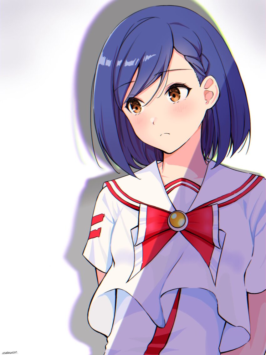 1girl aika_granzchesta andanden aria_(manga) arms_behind_back blue_hair blurry blurry_background blush bow bowtie braid breasts brown_eyes closed_mouth gradient_background grey_background hair_between_eyes highres himeya_company_uniform looking_to_the_side medium_hair red_bow red_bowtie sailor_collar shadow short_sleeves signature simple_background small_breasts solo swept_bangs upper_body white_background