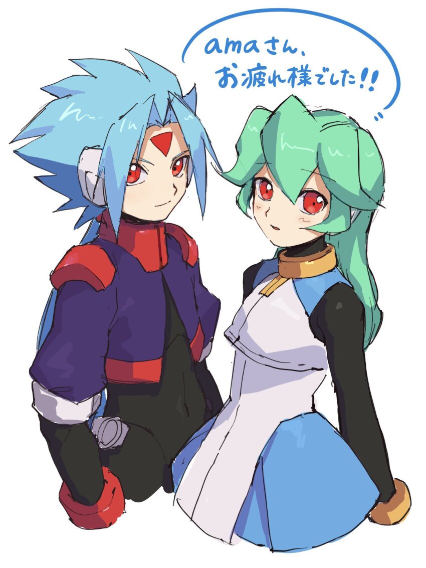 black_bodysuit blue_shirt blue_skirt blush bodysuit bodysuit_under_clothes brother_and_sister commentary_request cropped_jacket facial_mark forehead_mark gift_art hair_between_eyes high-waist_skirt highres jacket karen_(karenoni1031) long_hair looking_at_viewer mega_man_(series) mega_man_zx no_headwear official_alternate_costume open_clothes open_jacket pandora_(mega_man) parted_bangs ponytail prometheus_(mega_man) purple_jacket red_eyes robot_ears second-party_source shirt siblings simple_background skirt sleeveless sleeveless_shirt translated two-tone_shirt two-tone_skirt white_background white_shirt