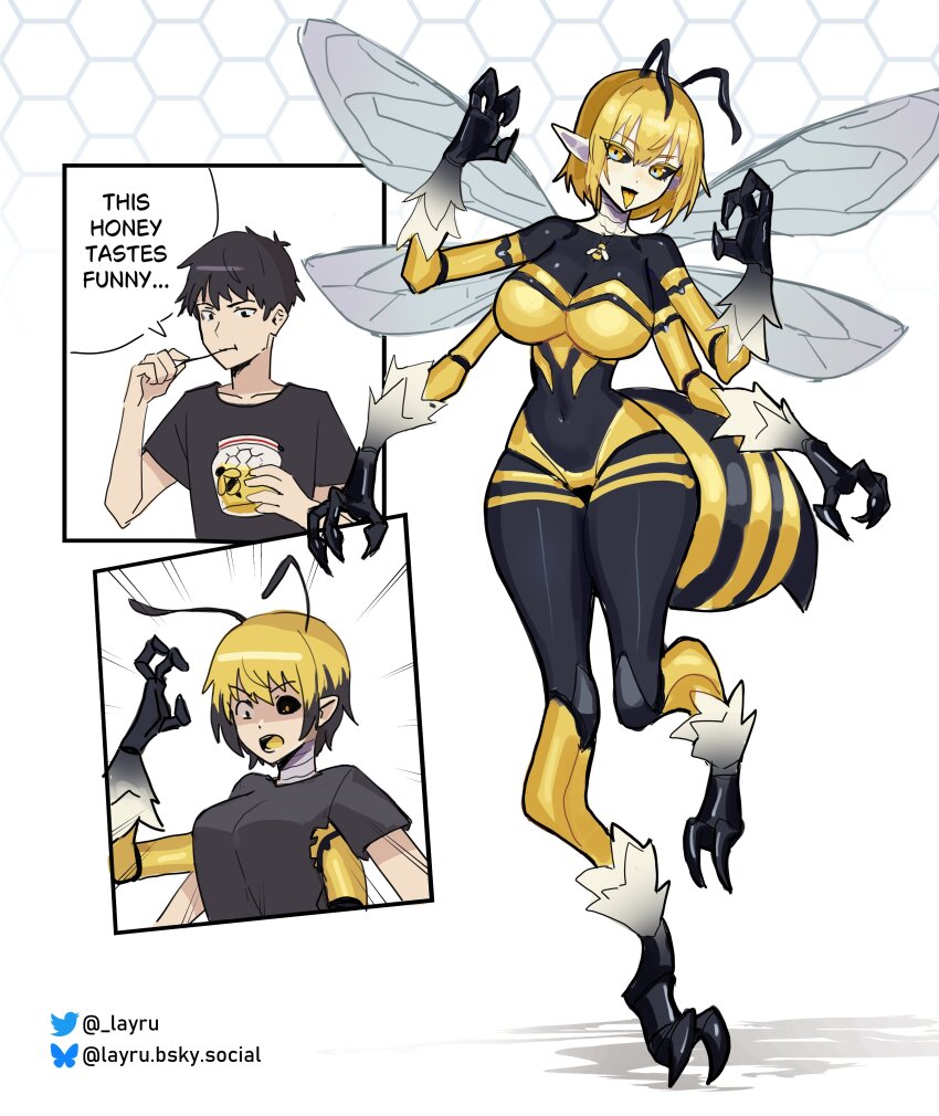 1boy 1girl abdomen_tail absurdres antennae arthropod_girl arthropod_tail bee_girl bee_wings black_sclera blonde_hair breasts claws colored_eyelashes colored_sclera colored_tongue commentary corruption eating english_commentary extra_arms extra_eyes genderswap genderswap_(mtf) highres honey insect_girl insect_wings layru looking_at_viewer medium_breasts monster_girl narrow_waist navel open_mouth original short_hair simple_background smile solo stinger thick_thighs thighs tongue tongue_out torn_clothes transformation twitter_username white_background wide_hips wings yellow_eyes yellow_tongue