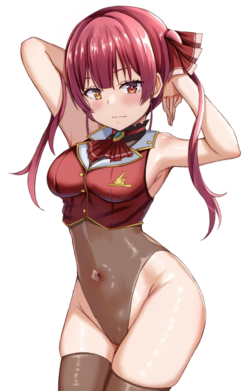 1girl absurdres armpits bare_arms blush breasts brown_thighhighs cameltoe closed_mouth covered_navel cowboy_shot crop_top hair_ribbon heterochromia highres hololive hololive_fantasy houshou_marine leotard long_hair looking_at_viewer medium_breasts nootomo red_eyes red_hair ribbon simple_background sleeveless solo standing thighhighs twintails virtual_youtuber white_background yellow_eyes
